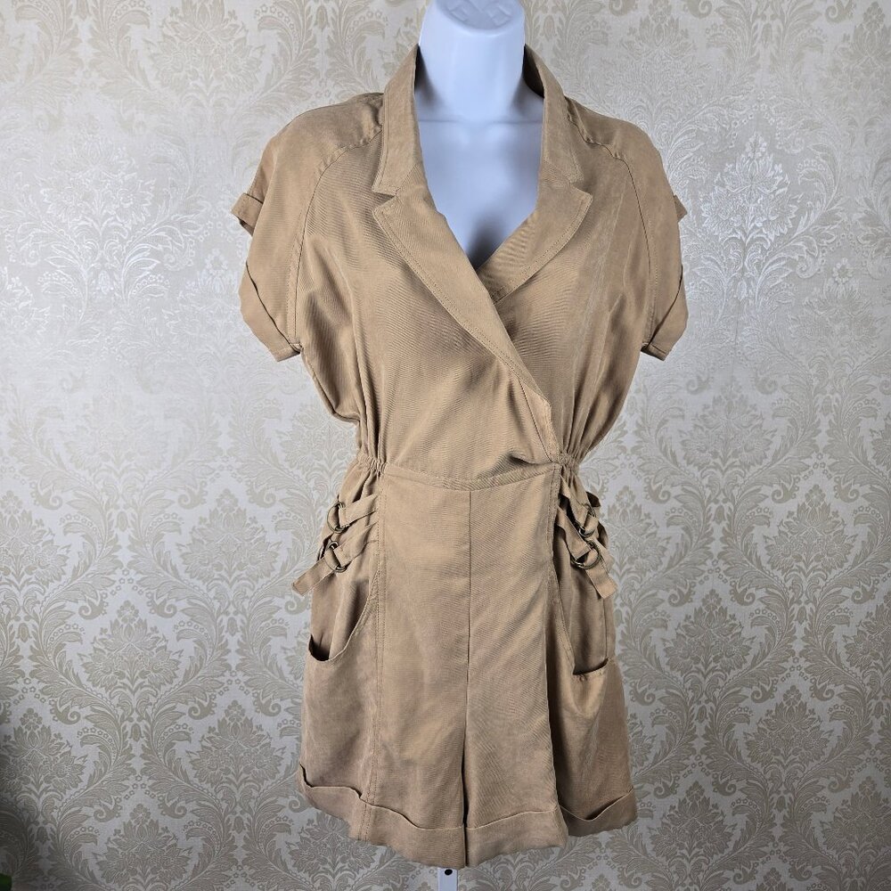 Sweet Color Size Small Tan Romper Shirt Top Elastic Waist Strap Buckle Accents